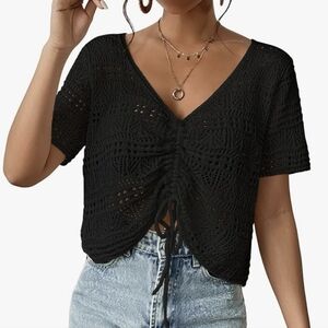 Black Crochet V-Neck Short Sleeve Top/ Cover-up W/ Adjustable Drawstring Detail